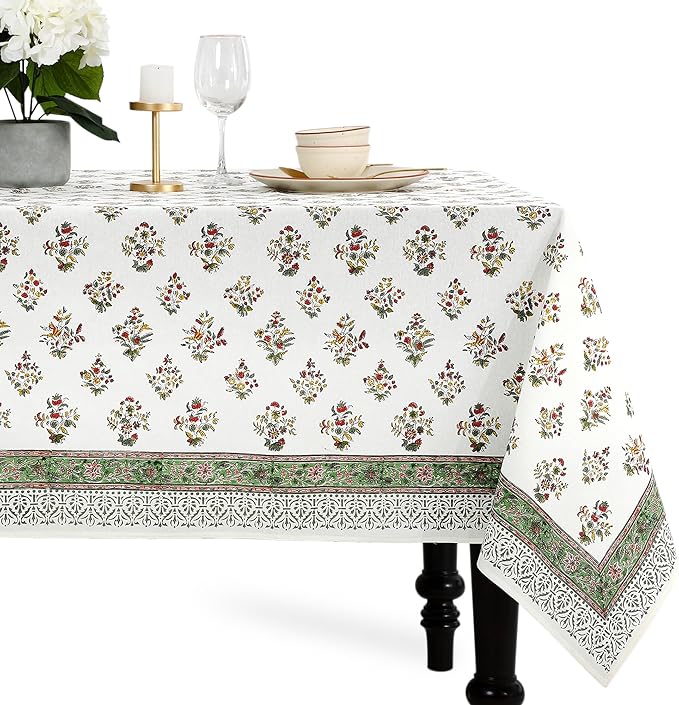 CPC Tablecloth 100% Cotton 60x60 Inch Indian Block Print Square Table Cover, Table Cloth for Weddings, Spring/Summer, Barbeque - Forest Green