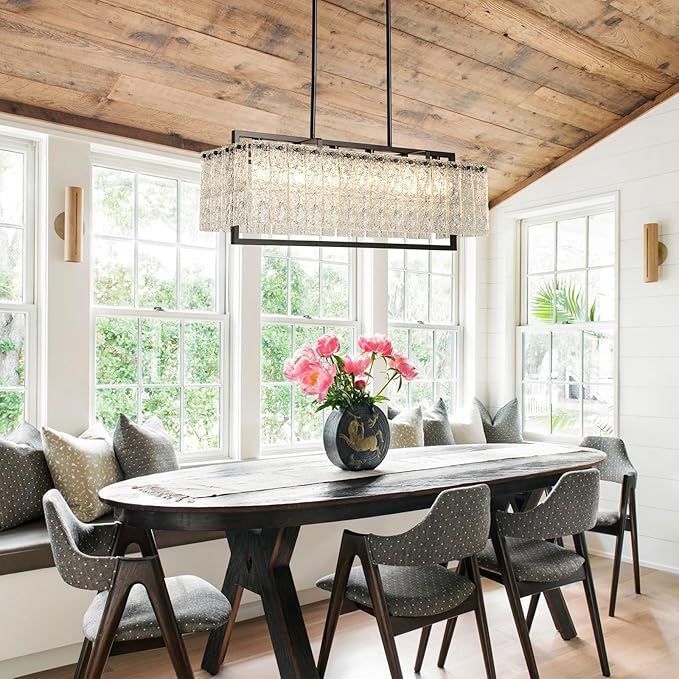Shrine Lighting Crystal Chandeliers, Modern Luxury Style, Perfect Pendant Light Fixture for Living Space, D20'' × H4'', Adjustable 43'', 6 x E12 Sockets, Glass Shade & Black Finish Frame