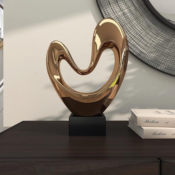 Deco 79 Polystone Abstract Decorative Sculpture Heart Home Decor Statue with Black Base, Accent Figurine 10" x 5" x 14", Copper