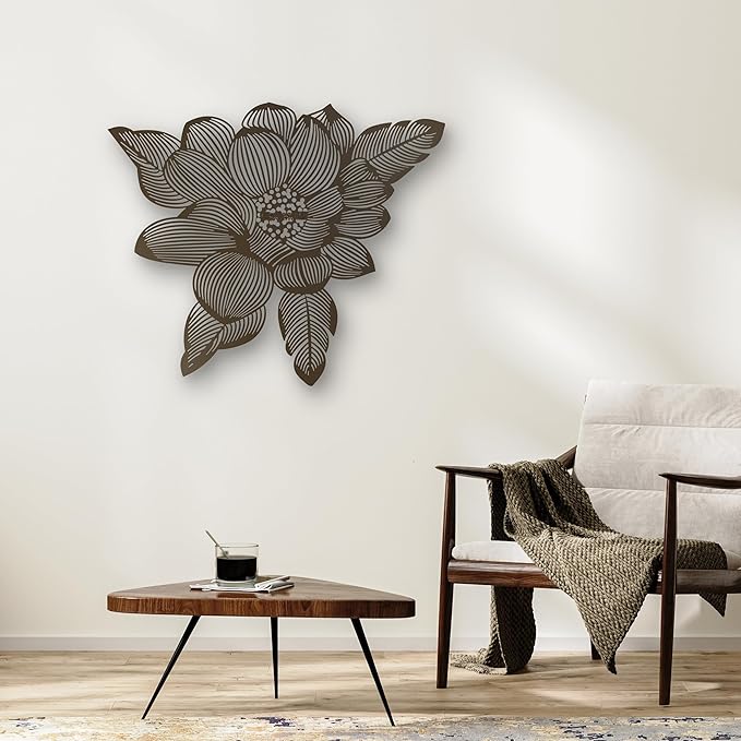 NEODECO 3D Flower Metal Wall Art, Floral Line Art, Minimalist home decor (Bronze, Small)