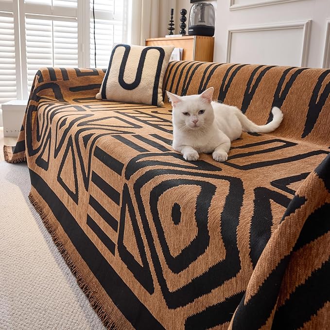 DREAMINGO Boho Couch Cover Washable Chenille Sofa Cover Blanket Brown Black Furniture Protector for Sectional 2 Cushion Couch Reversible Geometric Jacquard Loveseat Slipcover, Large 71"x118"