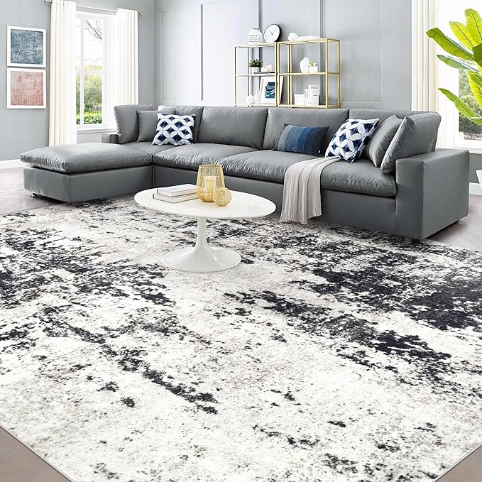 Modern Abstract Area Rug, 9'x12', Machine Washable, Non-Slip, Stain Resistant, Neutral, Soft, Perfect for Living Room, Dining Room, Bedroom, Office (Black)