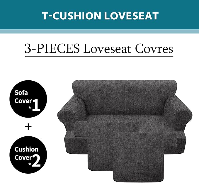 T Cushion Loveseat Slipcover 3 Pieces Sofa Covers for T Cushion Sofa Stretch Slip Covers for 2 Cushion Couch with 2 Individual T Shape Seat Covers (Dark Gray, 2 Cushion)