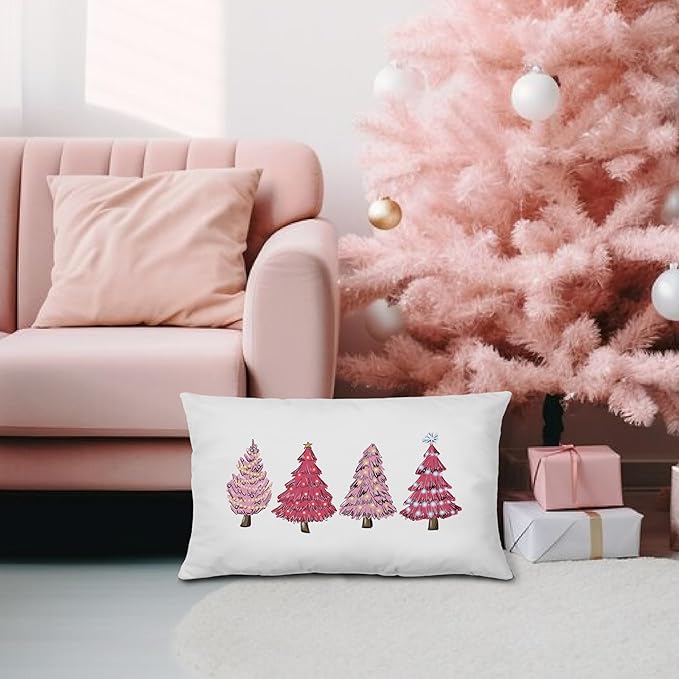 KEUSPI Pink Christmas Decor Pink Christmas Pillows Covers 12x20, Pink Christmas Decorations Christmas Pink Decor,Christmas Tree Pillow Covers,Pink Christmas Tree Decor for Christmas Bedroom Decor