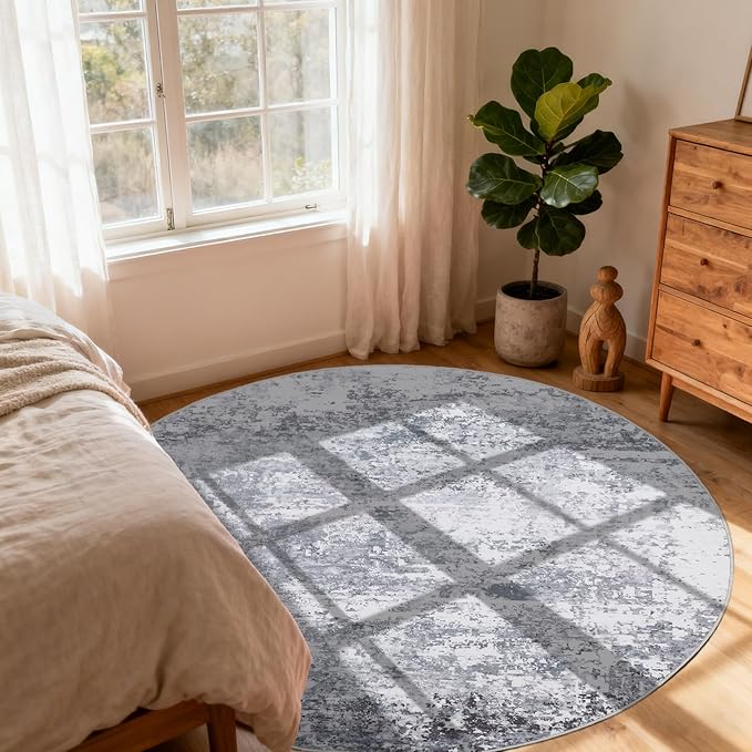 Modern Abstract 8x8 Round Area Rug Non Slip Non Shedding Rug Low Pile Stain Resistant for Bedroom Living Room Office Dining Room,Light Grey