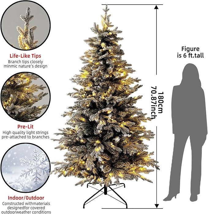 6ft Snow Flocked Prelit Christmas Tree Decorations with 200 Dual-Color LED Lights, Lighted Artificial White Xmas Tree for Indoor Decor,Mantel & Entryway with 1382 Tips, Metal Stand,Plug-in