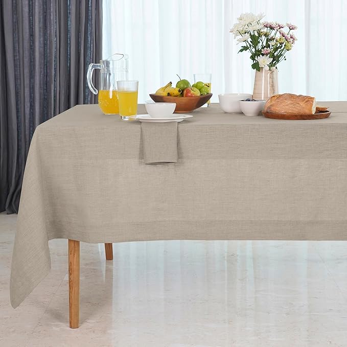 D'Moksha Homes Linen Natural Tablecloth 60 x 132 Inch - 100% Pure Linen Rectangular Tablecloth - Machine Washable Table Cloth for Fall, Thanksgiving, Christmas, Holiday