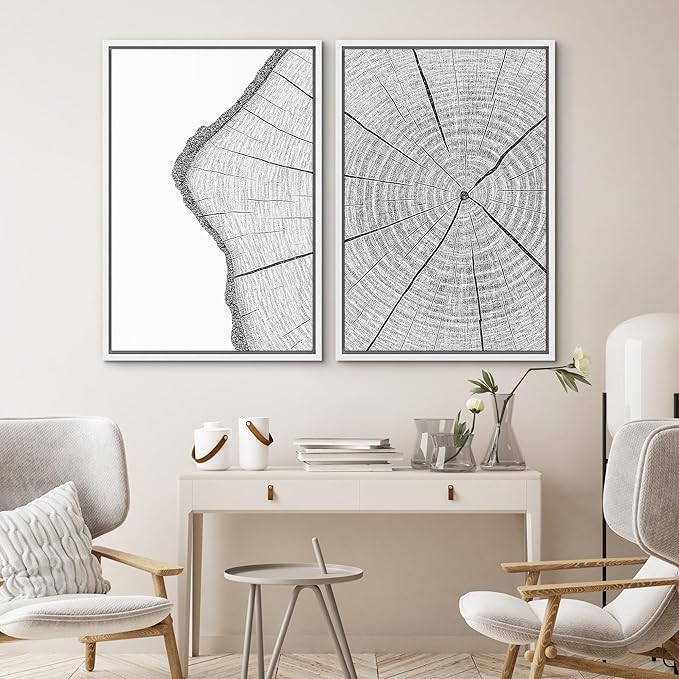 SIGNWIN Framed Canvas Print Wall Art Set Wood Grain Cross Section Minimalist Tree Ring Line Zen Bohemian for Living Room, Bedroom, Office - 24"x36"x2 WHITE
