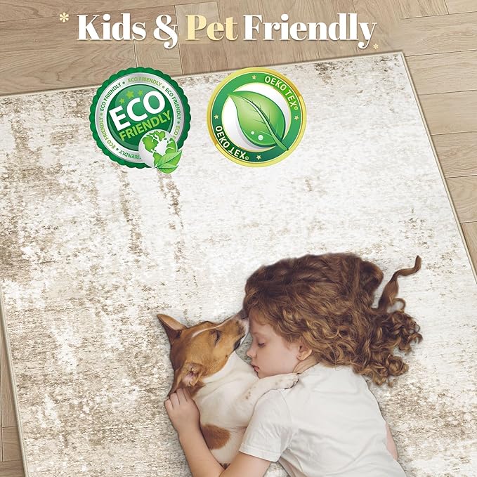 8x10 Area Rugs Washable Rug, Soft Modern Abstract Rugs for Living Room Large Low Pile Thin Rug Non Slip Indoor Neutral Carpet for Bedroom Dining Room Farmhouse Office Kids Playroom Beige