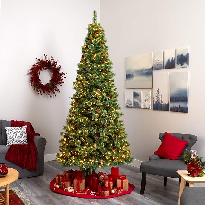 Nearly Natural 9ft. White Mountain Pine Artificial Christmas Tree with 650 Clear LED Lights and Pine Cones