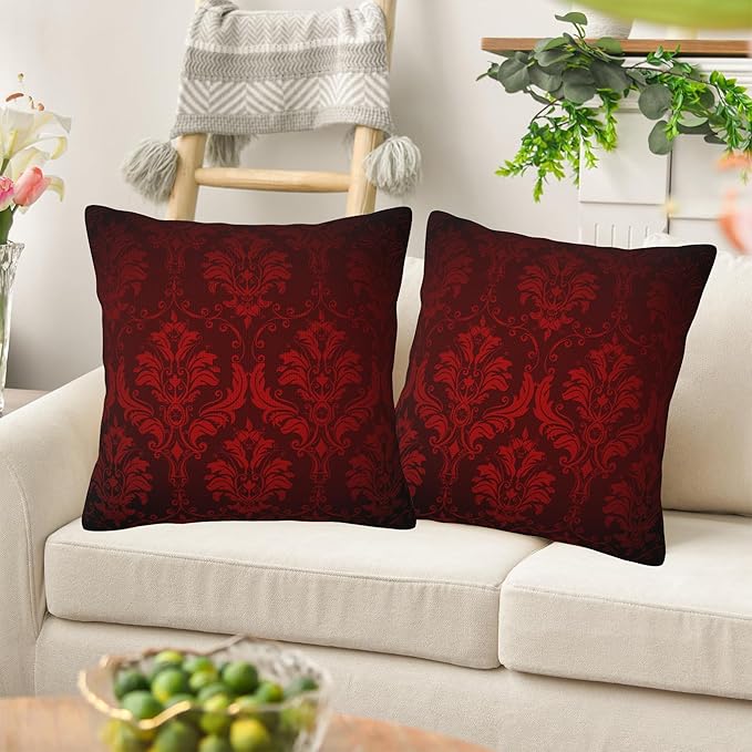 Vintage Damask Floral Pillow Covers 18X18 Set of 2, Luxuxy Dark Red Flowers Decorative Throw Pillow Covers, Pillowcase Cushion Case for Home Sofa Couch Indoor Outdoor Decorations