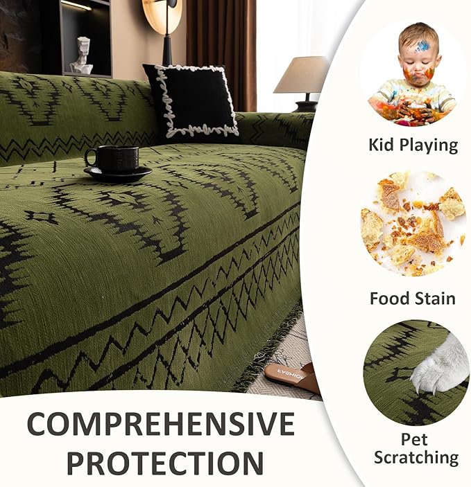 VClife Bohemian Green Couch Cover for Dog, Non Slip Sectional Sofa Covers Furniture Protector Washable Tribal Pattern Couch Covers for 2 Cushion Couch Sofa, Soft Pet Sofa Slip Cover, Green, 71"X118"
