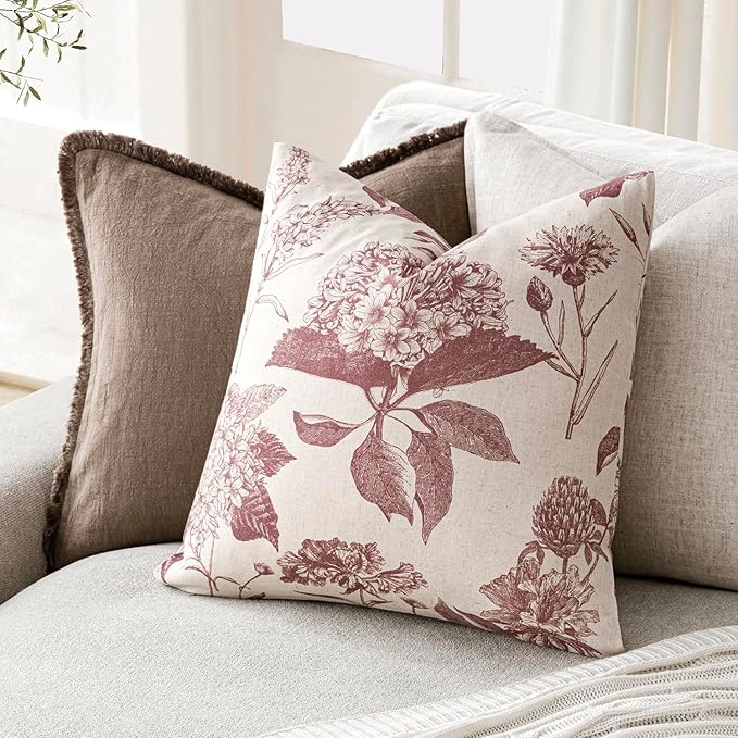 Foindtower Set of 2 Linen Floral Throw Pillow Covers Vintage Accent Print Decorative Cushion Covers Farmhouse Boho Home Decor for Sofa Chair Couch Bedroom Living Room,18×18 Inch,Dark Pink