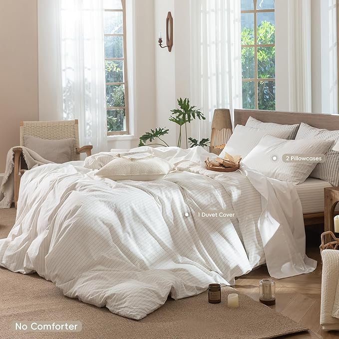 MooMee Striped Duvet Cover Set 100% Washed Cotton Linen Like Textured Breathable Durable Soft Comfy (White Almond Milk Grey Wide Stripes, Queen 90"x90")