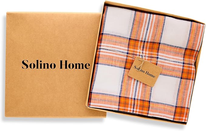 Solino Home Fall Tablecloth 60 x 108 Inch - 100% Pure Linen Orange Tartan Plaid Table Cloth for Rectangle Tables - Machine Washable Tablecloth for Autumn, Thanksgiving