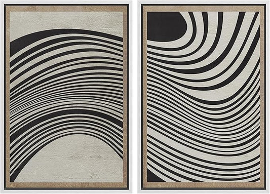 SIGNWIN Framed Canvas Print Wall Art Set Mid-Century Spiral Wave Collage Abstract Shapes Cozy Neutral Minimal Decorative Nordic Zen Bohemian for Living Room, Bedroom, Office - 24"x36"x2 White