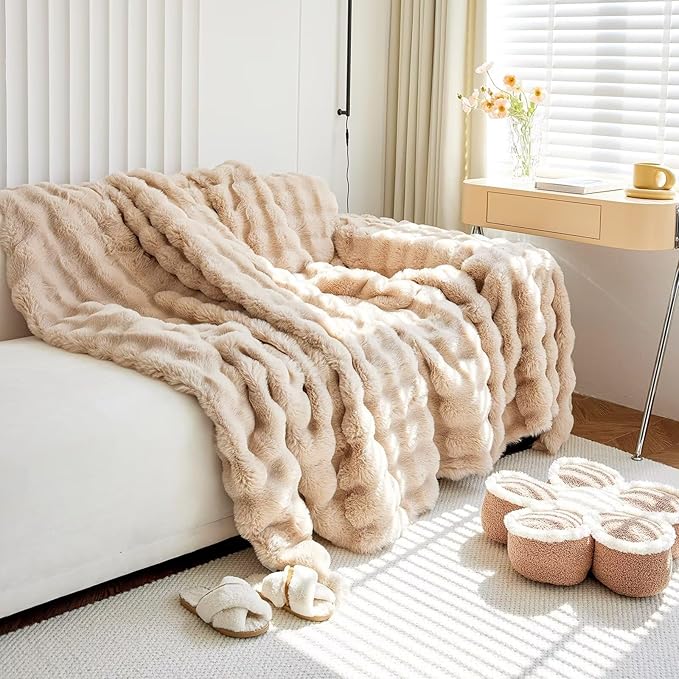 VClife Soft Plush Faux Fur Couch Cover, Warm Fuzzy Khaki Sofa Covers for 2 Cushion Couch Sofa (71"x118") Non Slip Couch Covers for Dog Cat Washable Thick Furniture Protector for Pets