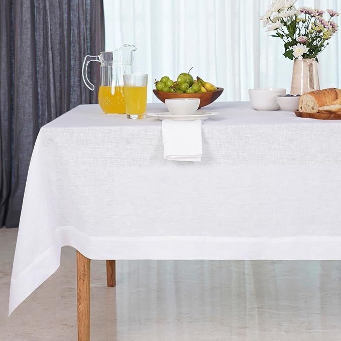D'Moksha Homes White Linen Tablecloth 60 x 120 Inch - 100% Pure Linen Tablecloth for Rectangle Tables - Machine Washable Table Cloth for Fall, Thanksgiving, Christmas, Holiday