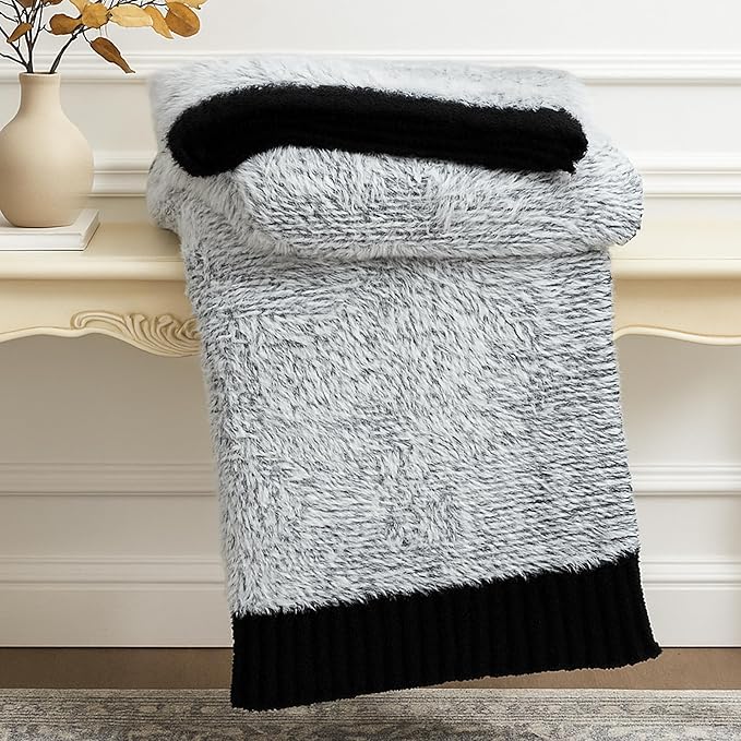 Amélie Home Knit Throw Blanket for Couch, Super Soft Fuzzy Blanket for Sofa, Luxury Cozy Fluffy Throw for Room Decor, 50" x 60", Heather Black