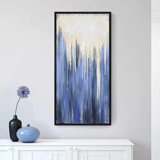 Empire Art Direct Abstract Wall Art Textured Hand Painted Canvas by Martin Edwards, Black Frame, 24" x 48", Snowy Drip 2