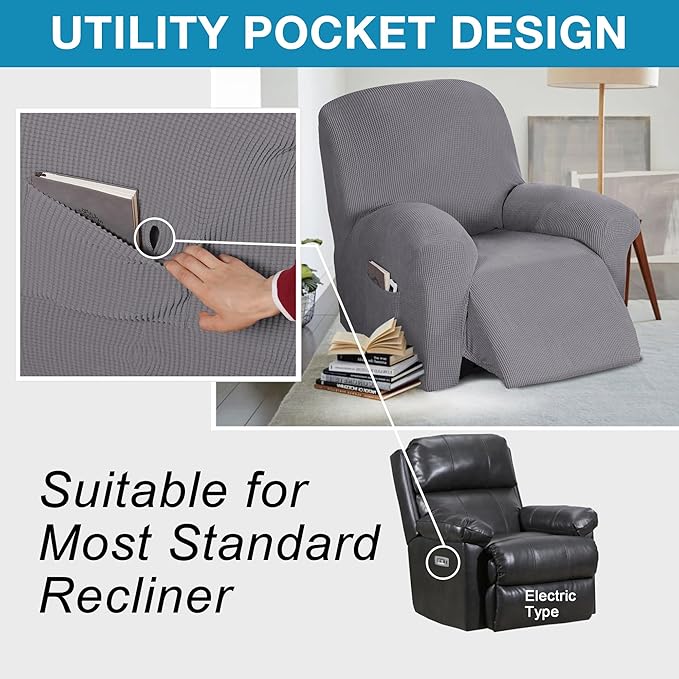 Flamingo P Stretch Recliner Chair Cover Recliner Cover for Electric/Manual Style | Furniture Cover for Reclining with Side Pocket, Soft Checked Jacquard Fabric Form Fitted Standard/Oversized - Dove