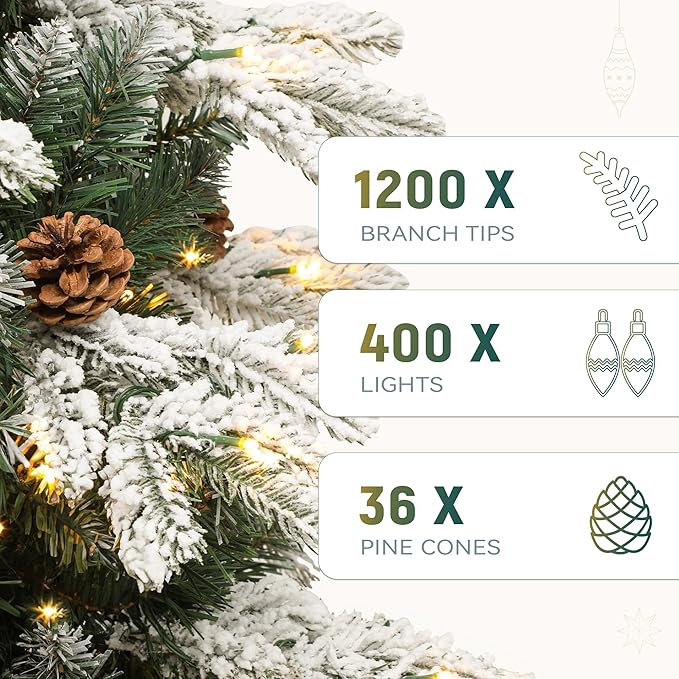 YITAHOME 7.5FT Prelit Christmas Tree w/Remote Control, Hinged Artificial Pre-Decorated Tiered Flocked Christmas Tree w/ 1200 PE&PVC Mixed Frosted Tips and Pinecones, w/ 11 Lighting Modes & 3 Timers