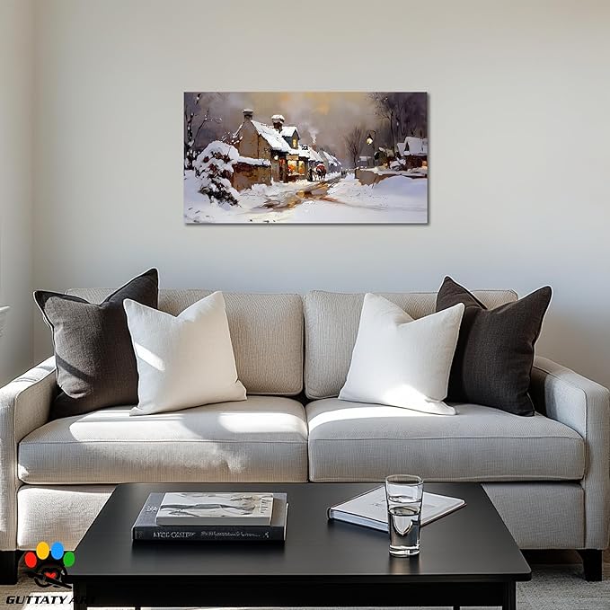 GUTTATY Christmas Winter Scene Canvas Wall Art, Snowy Village Canvas Prints, Cozy Town Holiday Picture Wall Decor, Rustic Winter Landscape Poster for Living Room Bedroom, 16x8 Inch