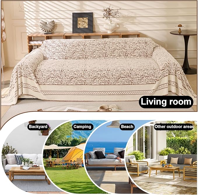 ROOMLIFE Thicked Striped Boho Khaki Couch Cover for 2-3 Cushion Sofa, Fuzzy Plush Warm Sofa Slipcovers Sectional Sofas Covers, Non Slip Washable Furniture Protector Soft with Tassel,Winter 71''X118”