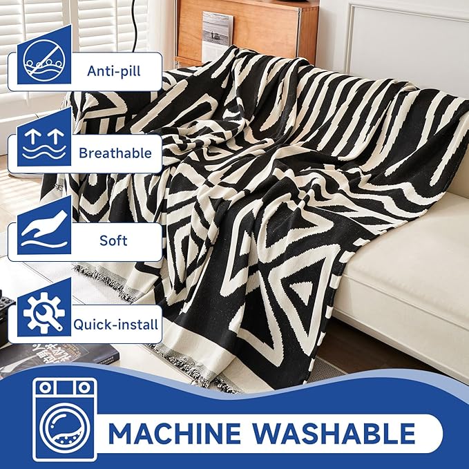 VClife Boho Couch Cover Soft Thick Chenille Couch Covers for Sectional Sofa, Bohemian Jacquard Couch Cover for 2 Cushion Couch Sofa Washable Breathable Furniture Protector, White and Black, 71"x118"
