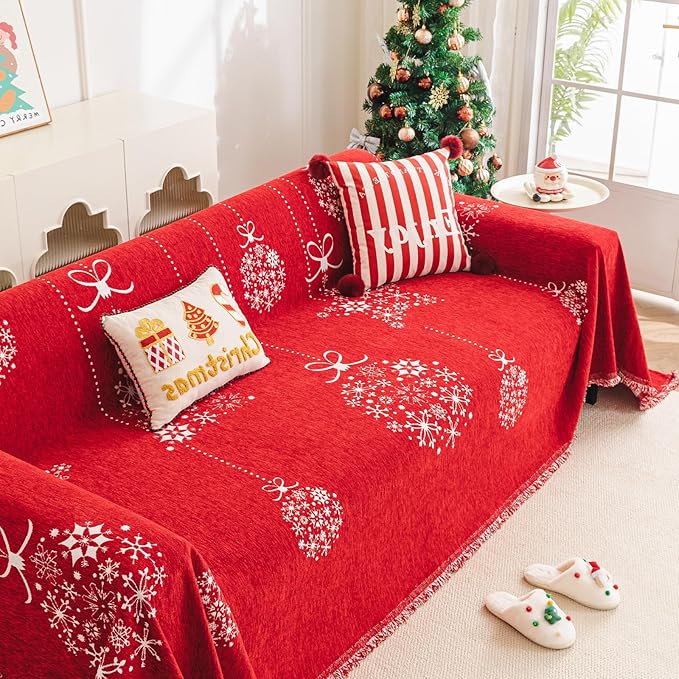 hyha Couch Cover for Dogs, Boho Sofa Covers for 3 Cushion Couch Washable, Chenille Sofa Slipcover for Pets, Soft Loveseat Sectional Couch Throw Blankets with Tassels (Red Snowflakes, 71x118 Inch)