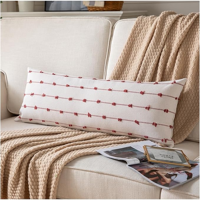 Caflife Boho Lumbar Throw Pillow Covers 14x36 inches Long, Farmhouse Decorative Body Pillow for Bed and Sofa, Living Room Home Decor Couch Rust Pillowcase, Pack of 1