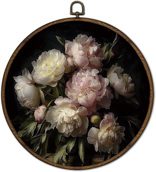 cvjutf Peony Flower Wall Art Decor Framed, Peony Floral Botanical Round Wall Decor, Dark Cottage Core Floral Canvas Prints Art for Gallery Bathroom Bedroom Living Room, 10x10 Inch