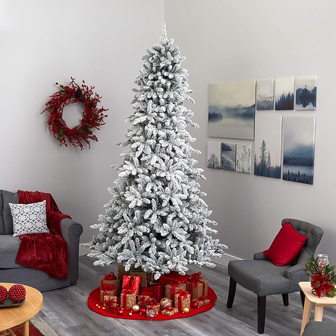Nearly Natural 9ft. Flocked Livingston Fir Artificial Christmas Tree with Pine Cones and 650 Clear Warm LED Lights