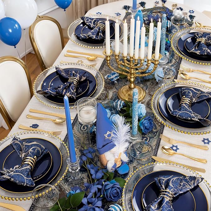 KIRE 350Pcs Blue and Gold Plates -Heavy Duty Navy Blue Dinnerware Set - 100 Plastic Plates 50 Pre Rolled Napkins with Gold Plastic Silverware 50 Cups for Upscale Hanukkah/Birthday/Wedding/Parties