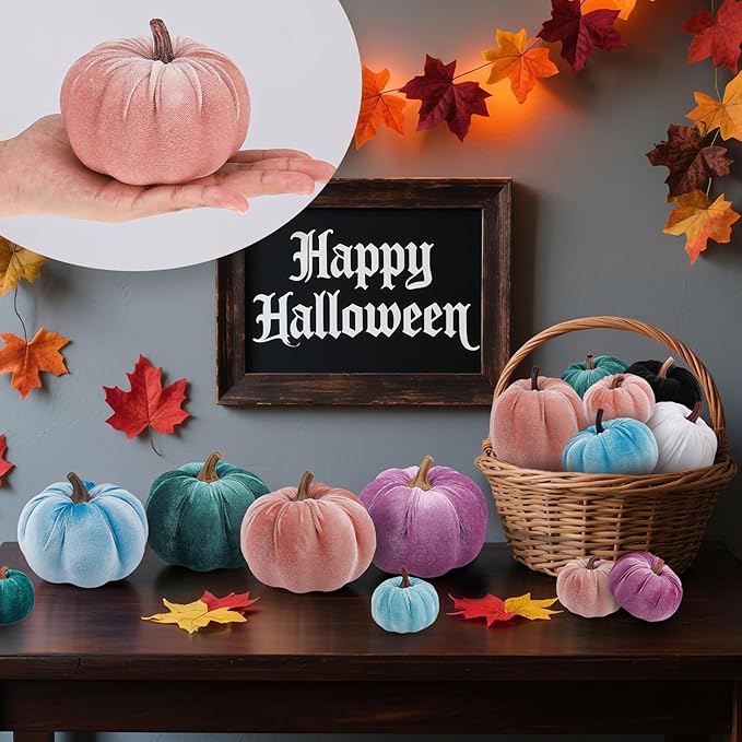 12 Pcs Artificial Velvet Fake Pumpkins Sets Halloween Thanksgiving Wedding Handmade Foam Autumn Centerpiece Kitchen Decoration Light Pink
