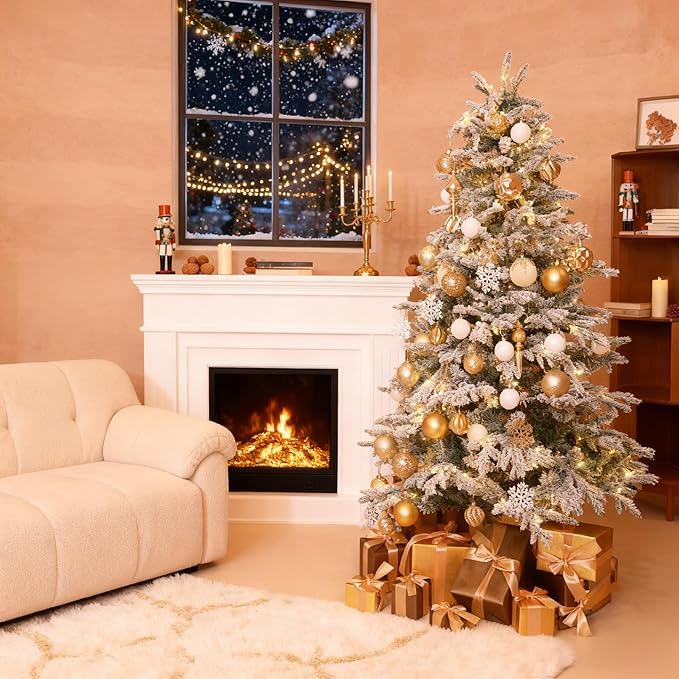 6ft Snow Flocked Prelit Christmas Tree Decorations with 200 Dual-Color LED Lights, Lighted Artificial White Xmas Tree for Indoor Decor,Mantel & Entryway with 1382 Tips, Metal Stand,Plug-in