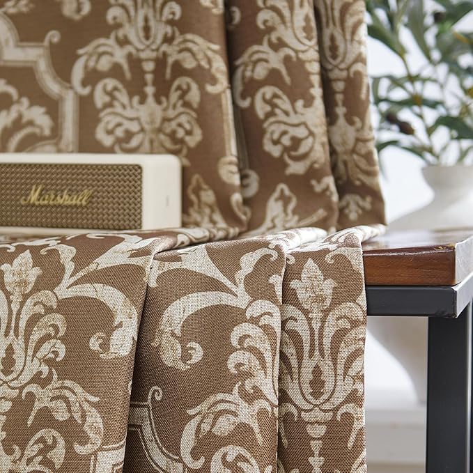 jinchan Room Darkening Curtains for Bedroom Brown Damask Patterned Curtains 96 Inch Length for Living Room Linen Textured Vintage 8FT Long Drapes Medallion Window Treatments Grommet Top 2 Panels Set