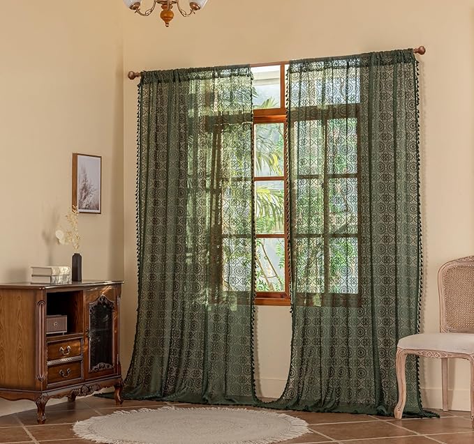 Dark Green Lace Curtains 84 Inch Long for Living Room 2 Panels Vintage Boho Look Floral Crochet Pattern Tassels Sheer Curtain Panels for Closet Doors Light Filtering 70s Curtains 59" W x 84" L