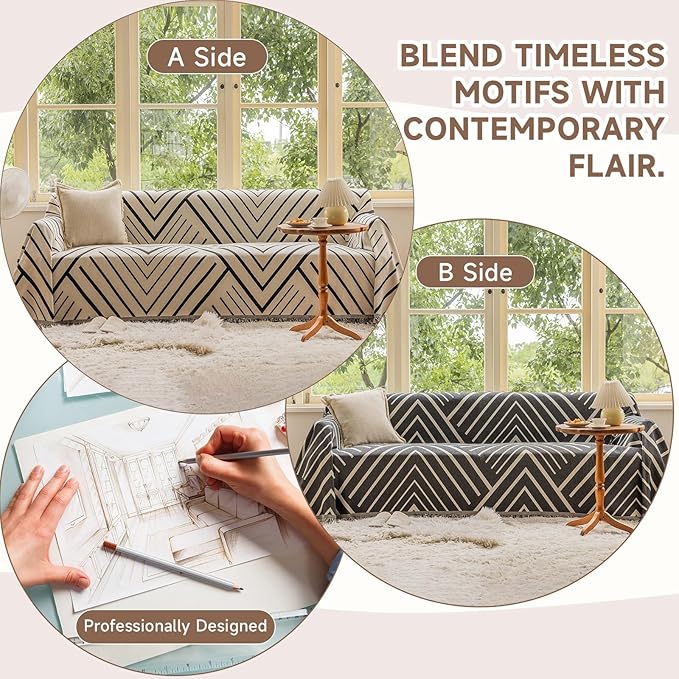 VClife Boho Farmhouse Couch Cover 71''x134'', 1 pc Washable Sofa Covers for 3 Cushion Couch Sofa Kids Soft Chenille Beige Black Herringbone Home Decor Couch Covers for Bed Sofa Living Room Slipcover