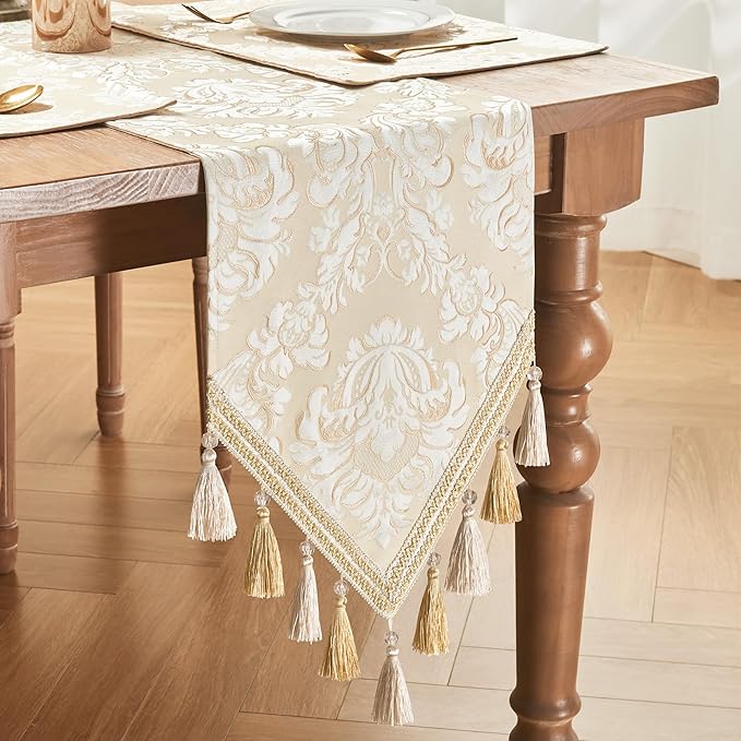 Loom and Mill Elegant Jacquard Table Runner 108 inches Long, Luxury Floral Table Runners with Handmade Multi-Tassels for Dining Room Dresser Party Holiday Banquet Decoration (Beige+White,13x108 inch)