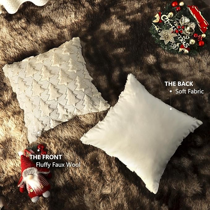 Christmas Throw Pillow Covers Christmas Decorations Set of 2 Xmas Tree 18x18 Pillow Covers Soft Plush Faux Wool Pillow Cases Holiday Winter Decor Sofa Couch Bed
