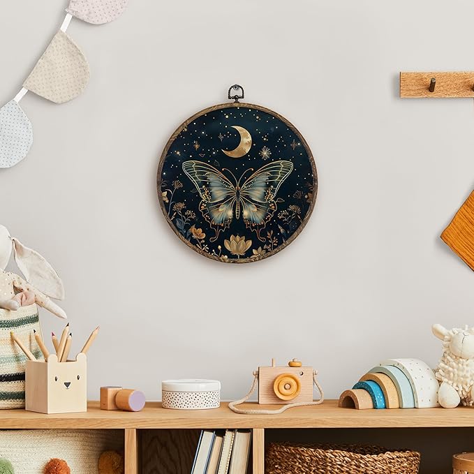 KFXHANGD Gothic Butterfly Moth Round Wall Art Framed, Witchy Butterfly Canvas Wall Art Decor, Mystical Moth Hanging Decor for Bathroom Bedroom Living Room, 10x10inch