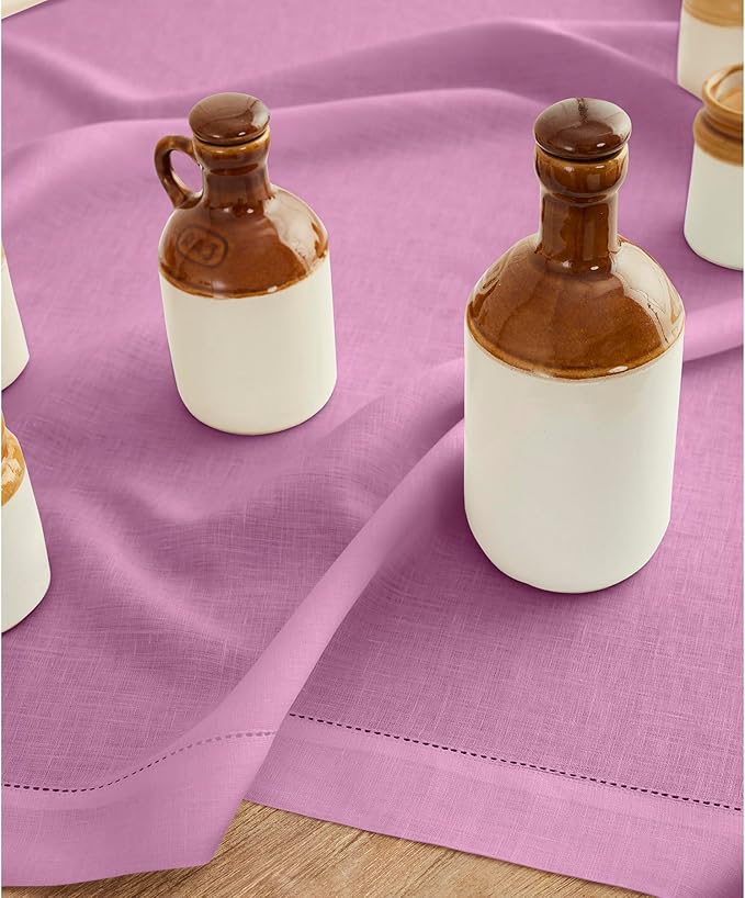Solino Home Linen Tablecloth 52 x 52 Inch - 100% Pure Linen Violet Square Tablecloth - Classic Hemstitch, Machine Washable Table Throw