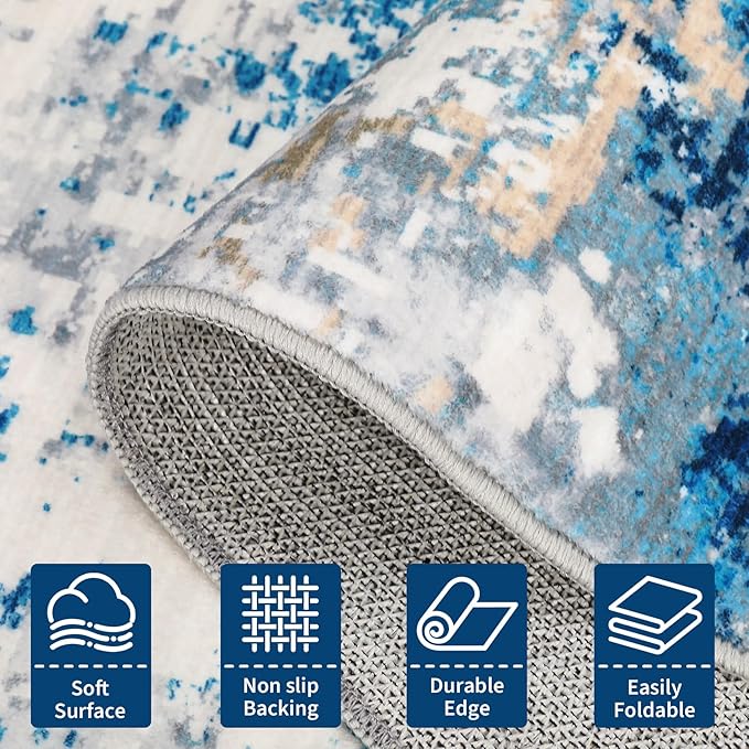 Modern Abstract 2x3 Area Rug Non Slip Non Shedding Low Pile Stain Resistant Rug for Entryway Kitchen Bedroom,Blue/Grey