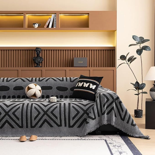 VClife Boho Couch Cover Soft Chenille Sofa Cover for Sofa Bed, 1 Piece XL Couch Covers for 3 Cushion Couch Sofa Washable Gray Black Jacquard Pattern Sofa Protector for Living Room 71''x134''