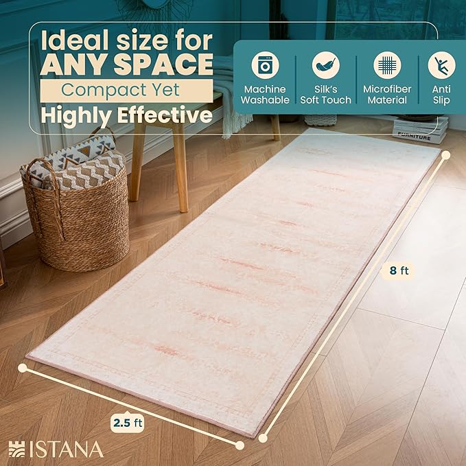Istana Hallway Runner Rug 2.5x8 - Pink Kitchen Rugs Non Slip Washable -Silk's Soft Touch Carpet Runner - Stylish Runner Rugs for Home