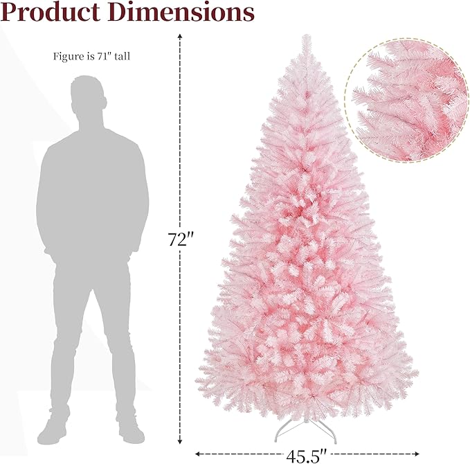 Yaheetech 6ft Pre-lit Artificial Hinged Christmas Tree Prelighted Full Holiday Xmas Tree for Home Party Decoration with 300 Warm White Lights & 818 Branch Tips, Foldable Metal Stand, Pink