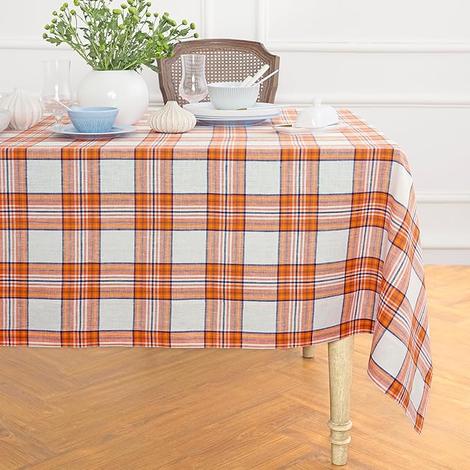 Solino Home Fall Tablecloth 60 x 108 Inch - 100% Pure Linen Orange Tartan Plaid Table Cloth for Rectangle Tables - Machine Washable Tablecloth for Autumn, Thanksgiving