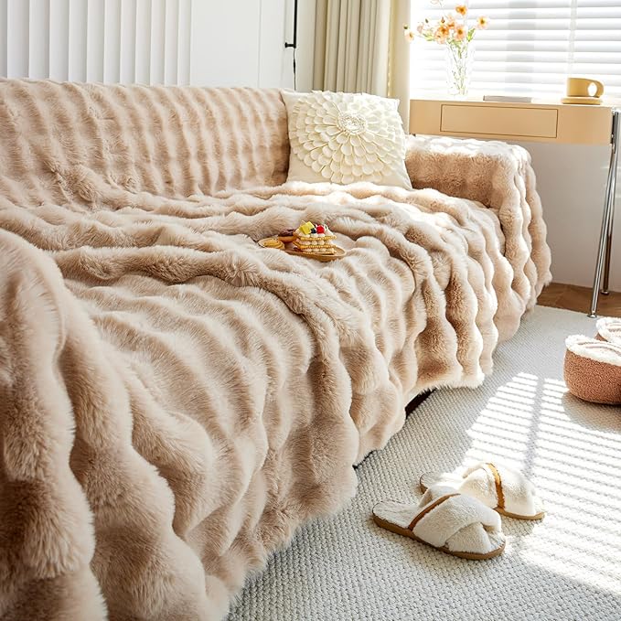 HANDONTIME Plush Sofa Slipcovers Washable Couch Cover for Sofa Super Soft Faux Fur Sofa Covers for 3 Couch Cousion Soild Khaki Rabbit Plush Couch Cushion Covers for Kids Pets, 71" X118"