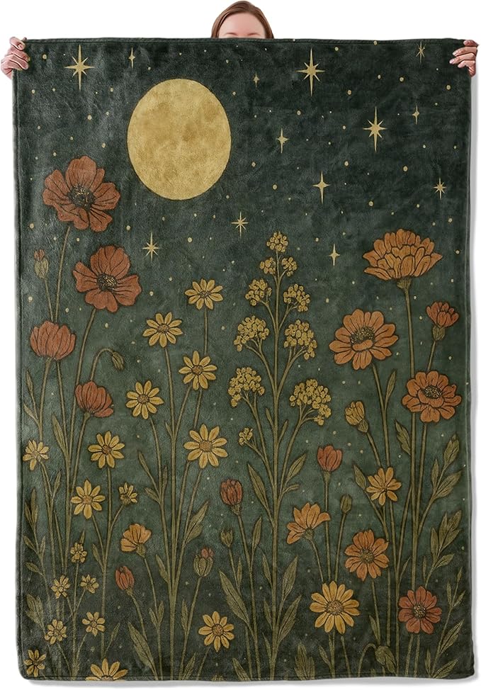 Moon and Wildflower Blanket Gifts for Women Girls Kids, Soft Warm Lightweight Flannel Boho Floral Night Sky Throw Blankets for Bedroom Living Room Home Sofa Home Camping Decor 40" x 50"